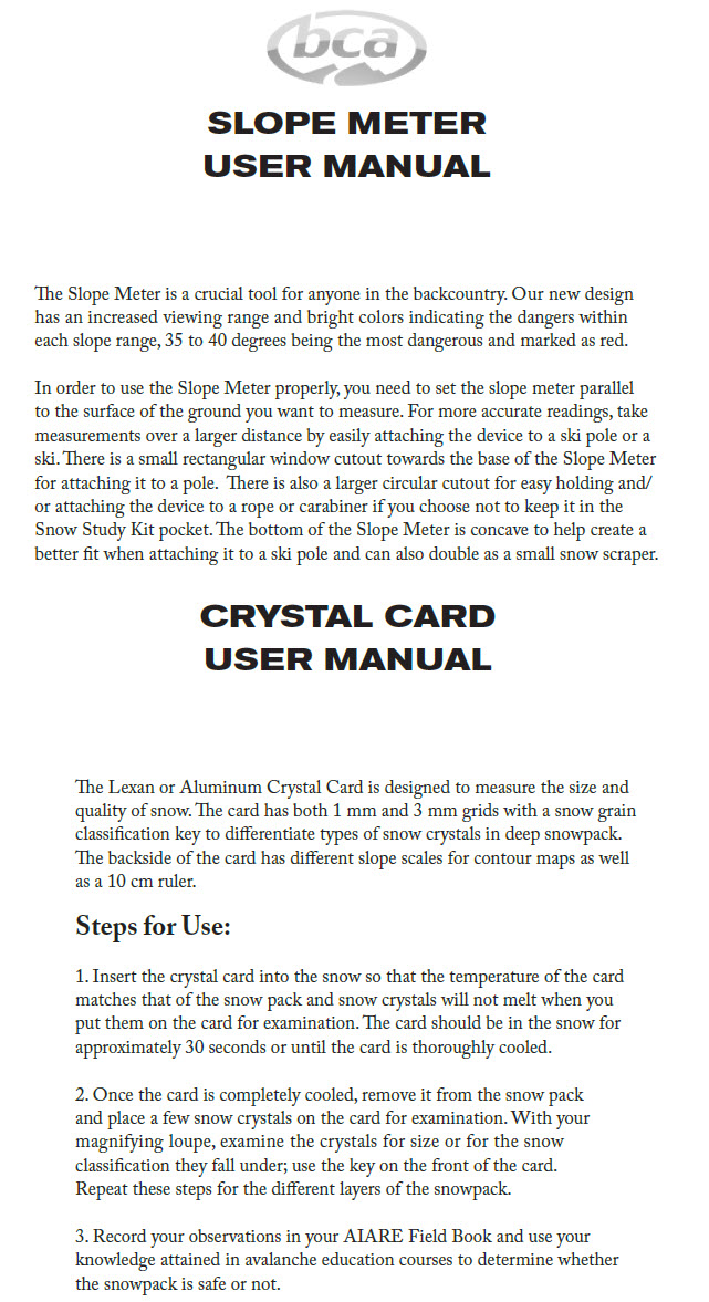 BCA SNOW STUDY KIT MANUAL