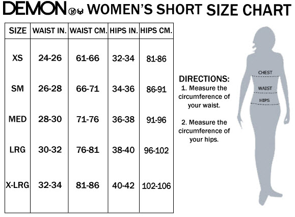 DEMON WOMENS SHORTS SIZE CHART