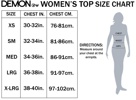 DEMON WOMENS TOP SIZE CHART