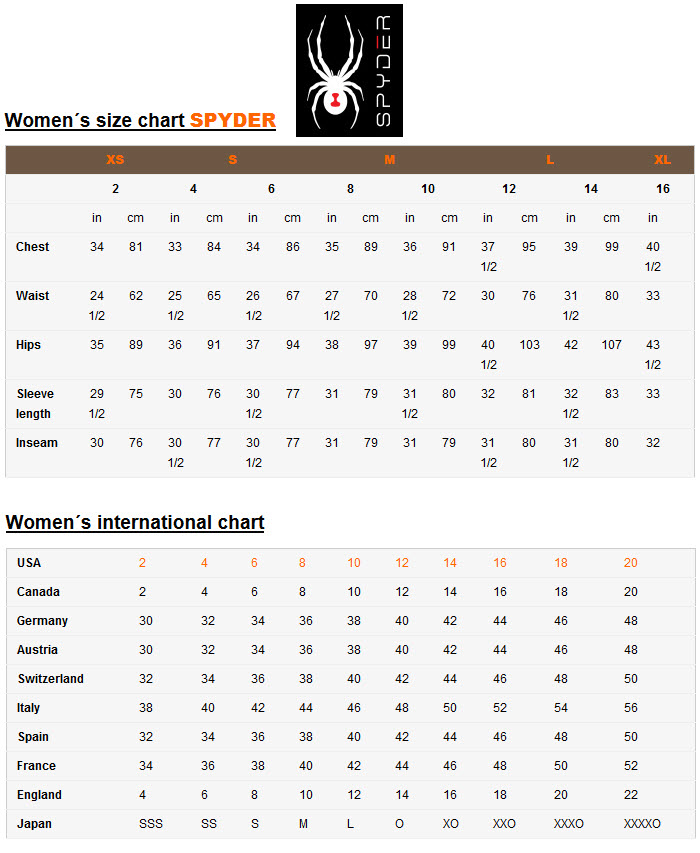 SPYDER WOMENS SIZE CHART