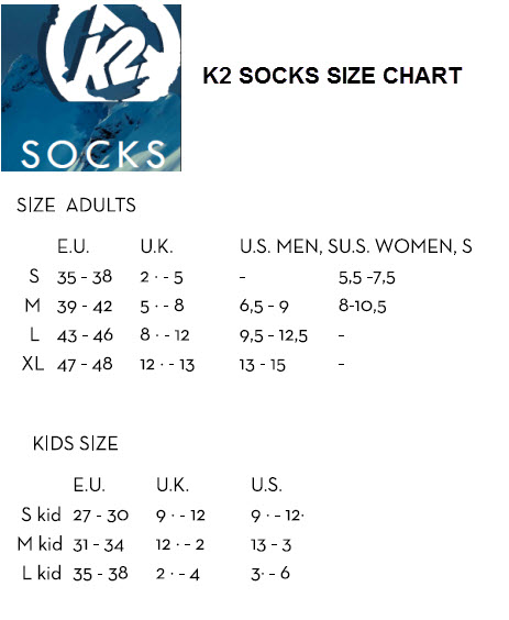 K2 SOCKS SIZE CHART
