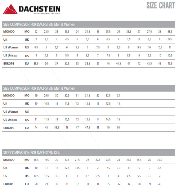 Dachstein Size Chart