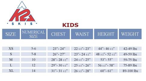 K2 KIDS SIZE CHART