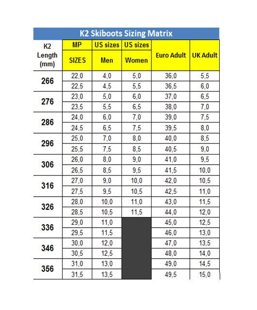 K2 SKIBOOTS SIZE CHART