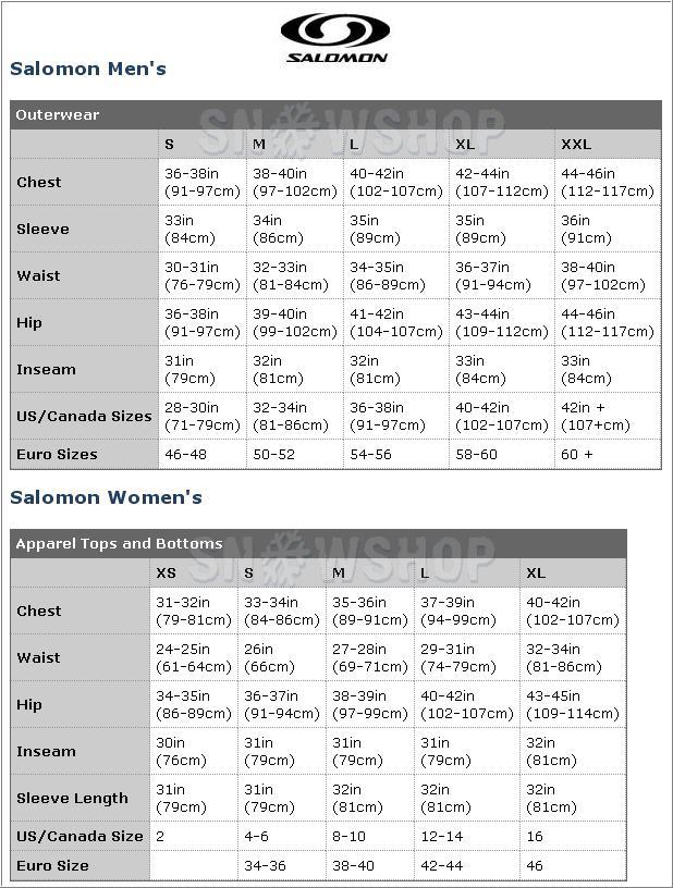 SALOMON SIZE CHART CLOTHING